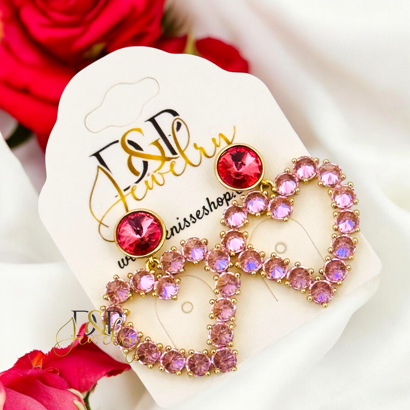 14K PINK STONES HEART EARRING E880