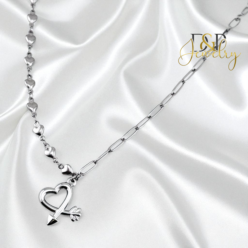14K SILVER/ PAPER CLIP/ HEARTS NECKLACE N297