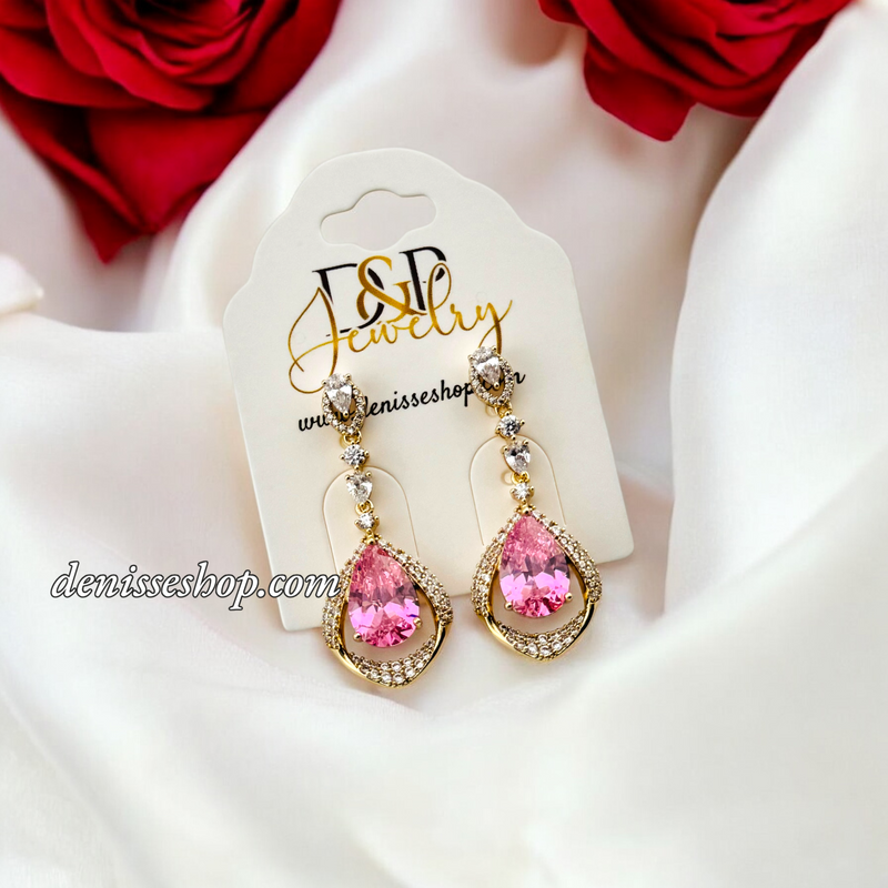 14K LUXURY PINK STONE LONG EARRING E816