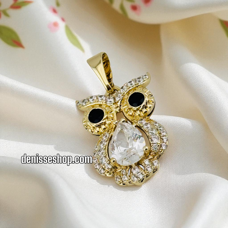 14K GOLD/BLACK EYE OWL PENDANT P934