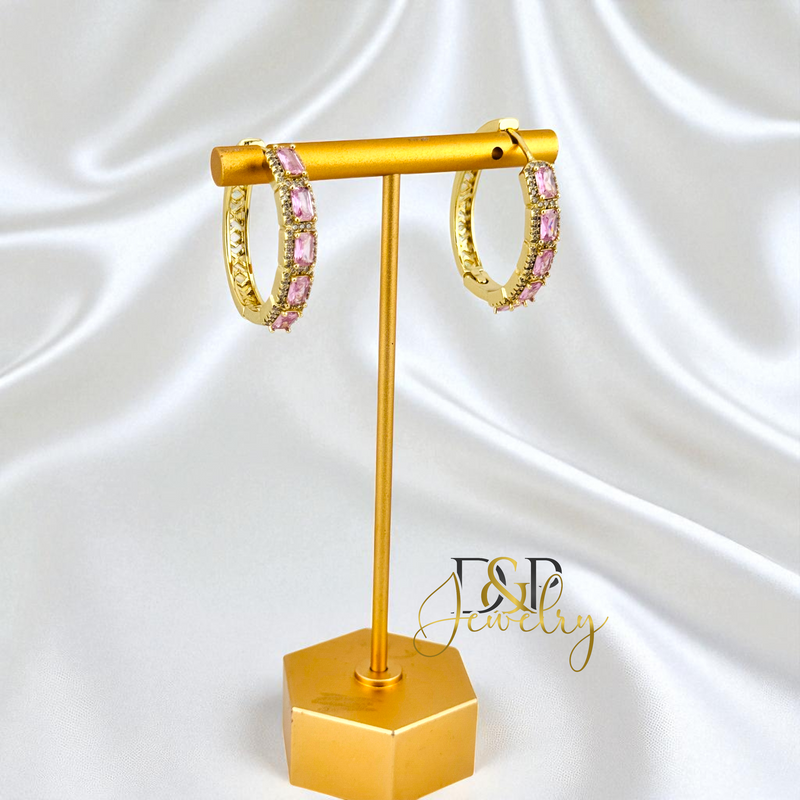 14K GOLD /PINK STONES HOOP EARRING HP832