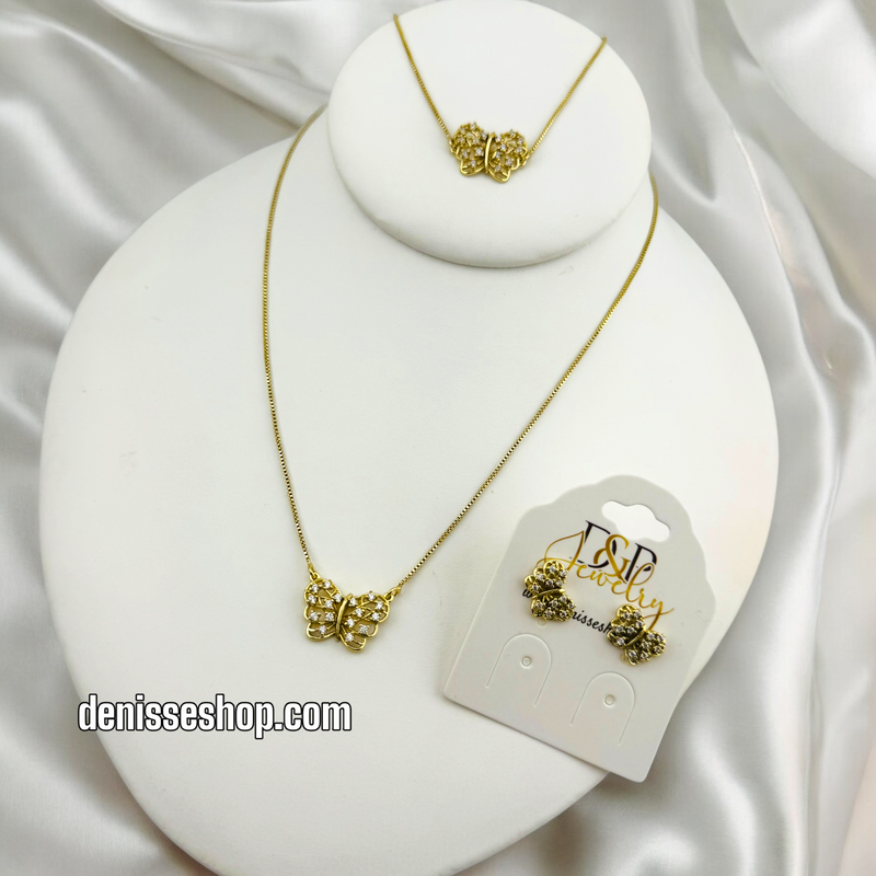 14K BUTTERFLY WHITE STONE NECKLACE SET 18&