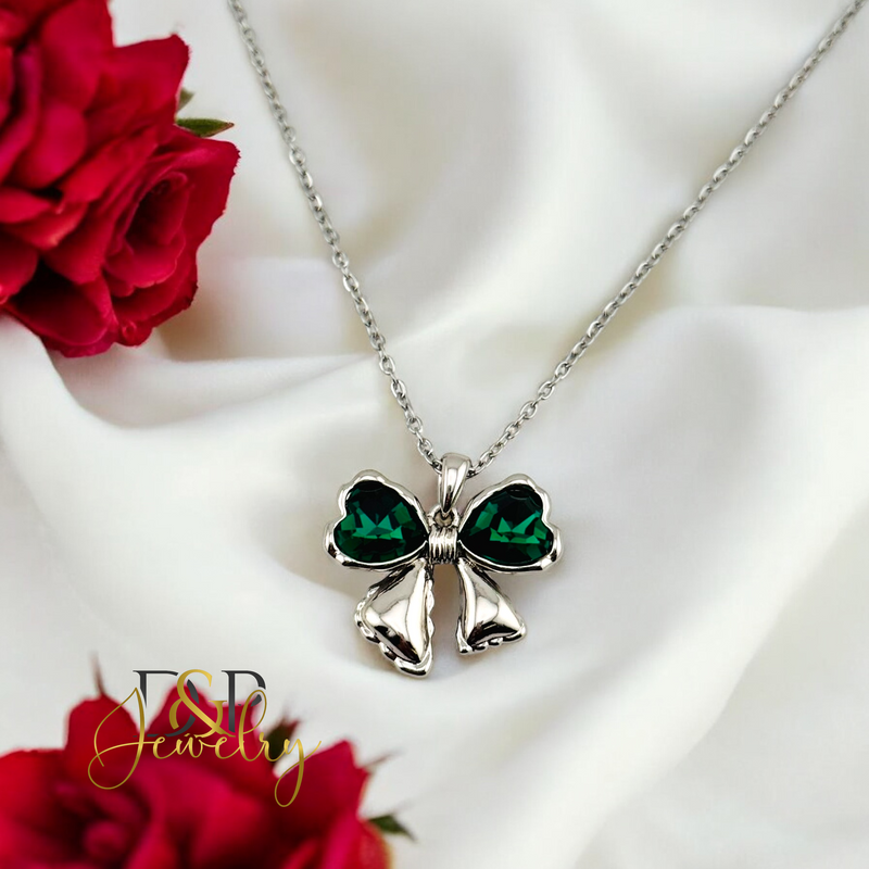 14K WOMAN SILVER GREEN BOW FASHION NECKLACE SET N249