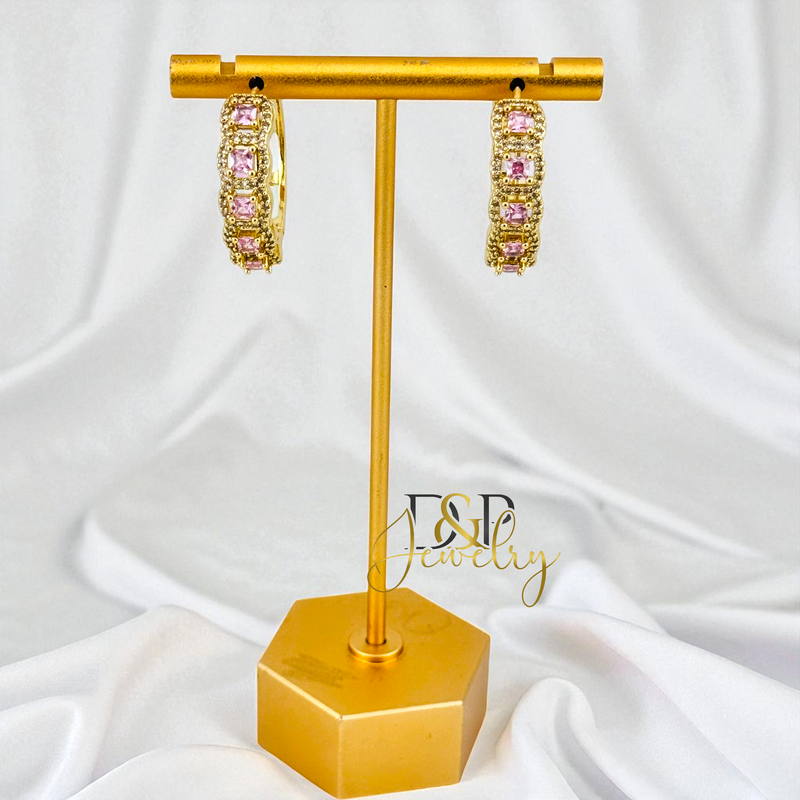 14K GOLD /LONG COLOR STONES 3 VARIANT HOOP EARRING HP824