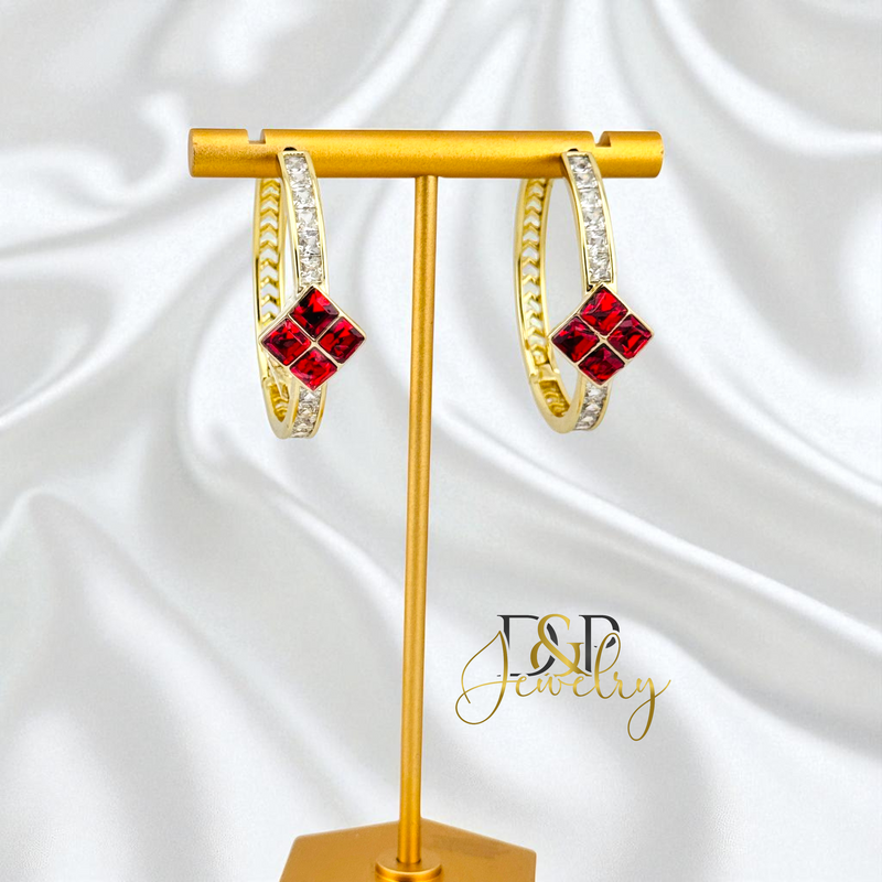 14K GOLD/LONG SIZE RED STONE DESIGN HOOP EARRING HP805