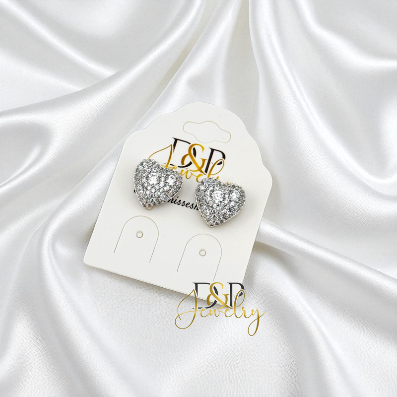 14K SILVER SMALL BLING HEART DESIGN STUD EARRINGS E1031
