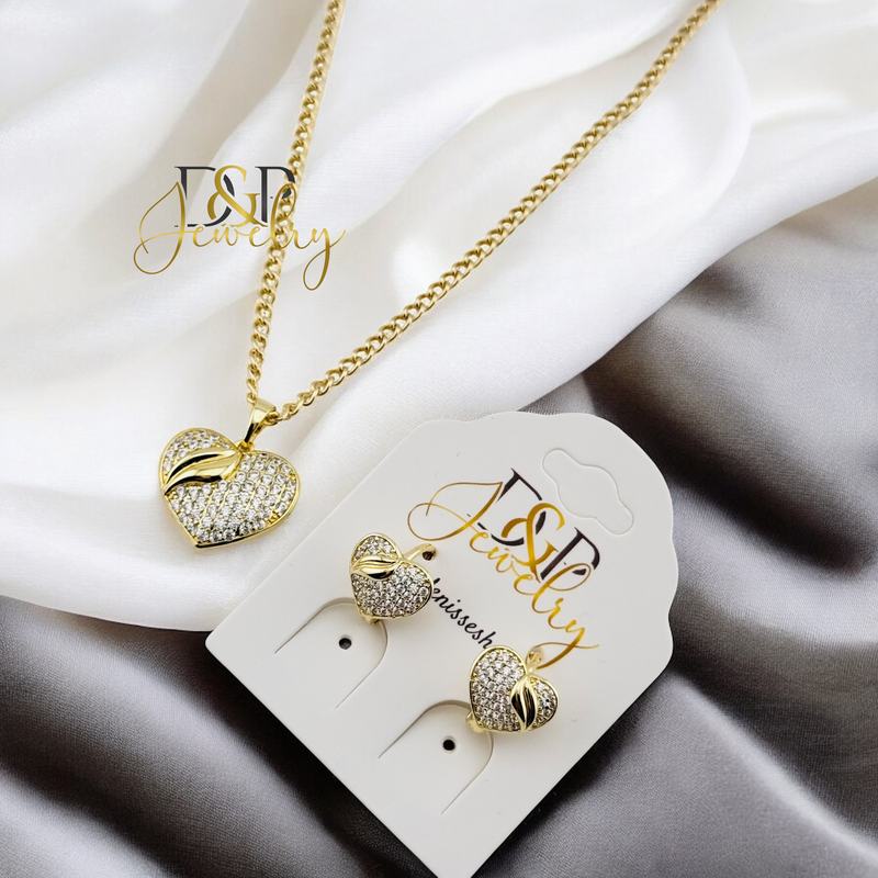 14K GOLD /BLING HEART NECKLACE SET N295