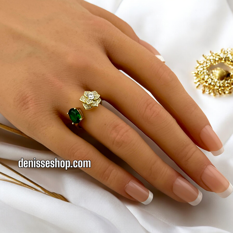 14K ADJUSTABLE FLOWER GREEN STONE RING RG214