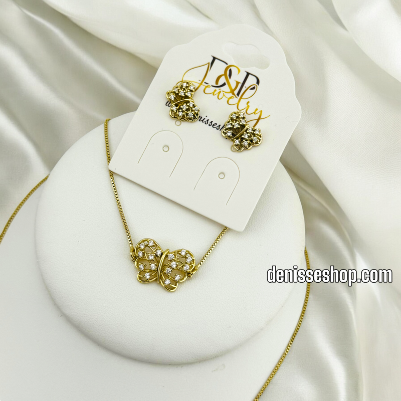 14K BUTTERFLY WHITE STONE NECKLACE SET 18&