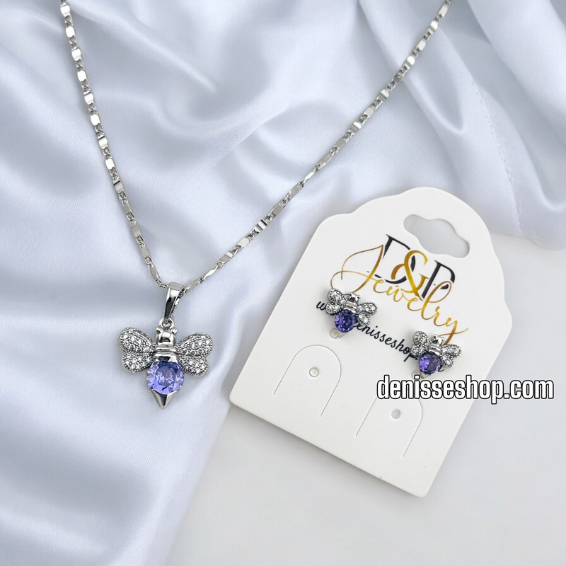 WOMEN/GIRL FASHION SILVER PURPLE BEE NECKLACE SET N229