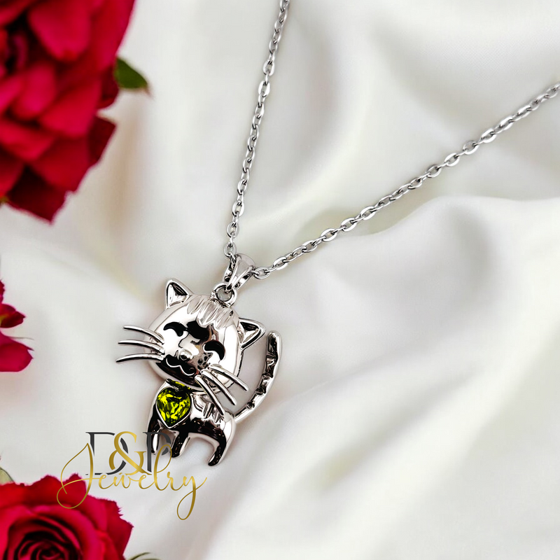 14K WOMAN SILVER GREEN CAT FASHION NECKLACE N250