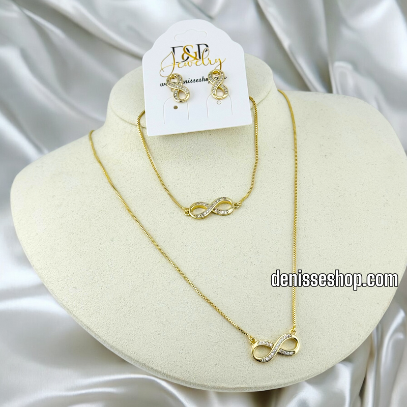 14K GOLD / WHITE SPARKLE INFINITY NECKLACE / EARRING SET N55