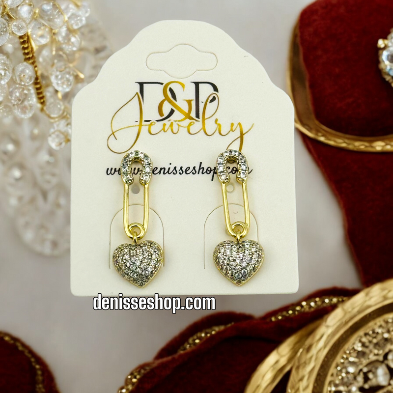 14K SAFETY PIN HEART EARRING E583