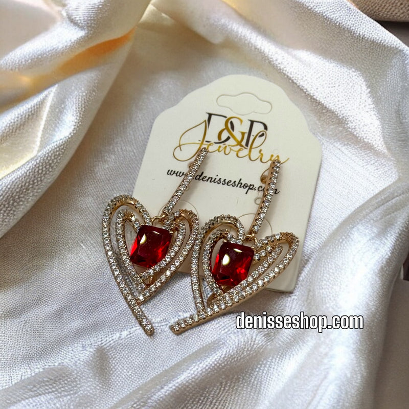 18K HEART RED STONE EARRINGS E426