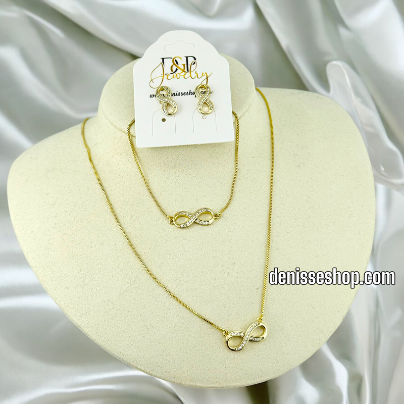 14K GOLD / WHITE SPARKLE INFINITY NECKLACE / EARRING SET N55