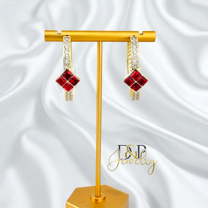 14K GOLD/LONG SIZE RED STONE DESIGN HOOP EARRING HP805