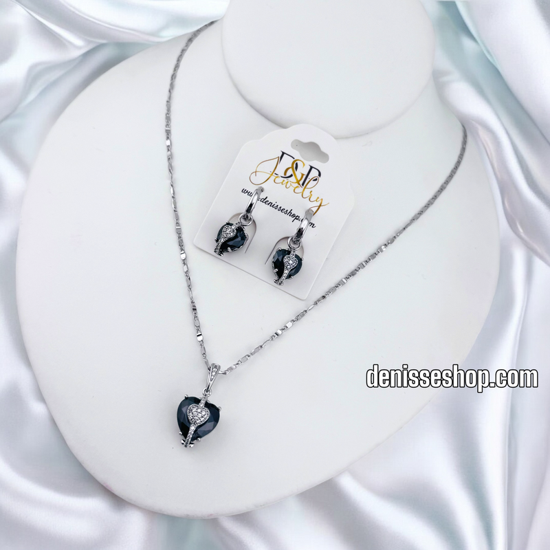 FASHION SILVER BLACK HEART NECKLACE SET N228