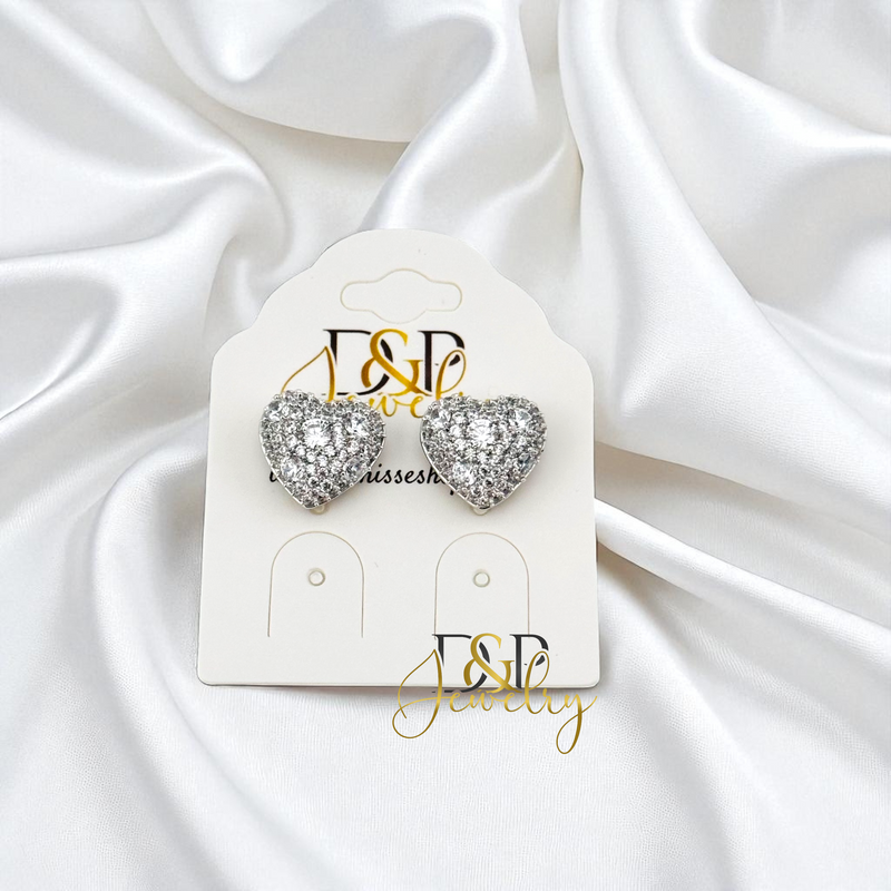 14K SILVER SMALL BLING HEART DESIGN STUD EARRINGS E1031