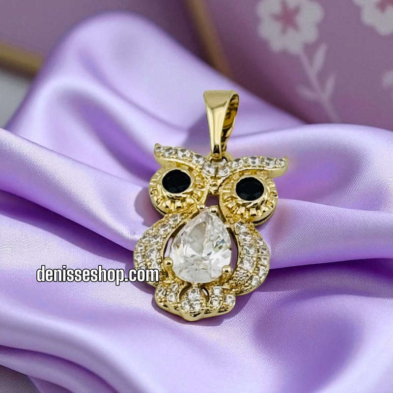 14K GOLD/BLACK EYE OWL PENDANT P934