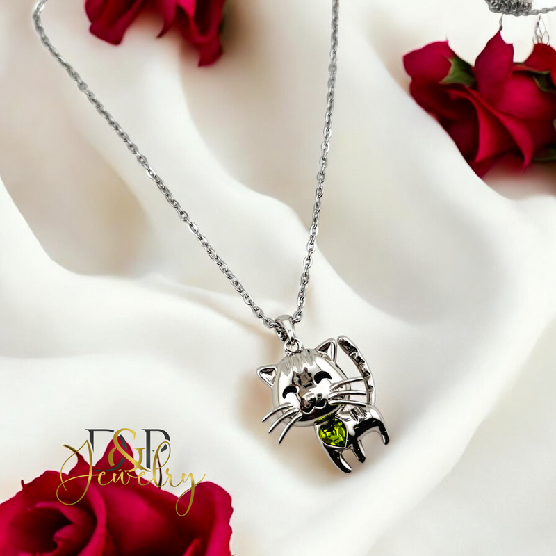 14K WOMAN SILVER GREEN CAT FASHION NECKLACE N250