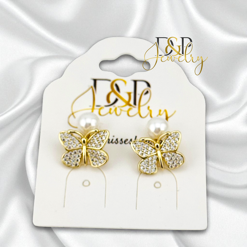 14K WHITE PEARL WITH BUTTERFLY EARRING E913