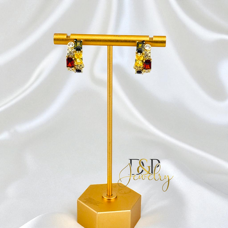 14K GOLD /SHORT COLOR STONES 4 VARIANT HOOP EARRING HP819