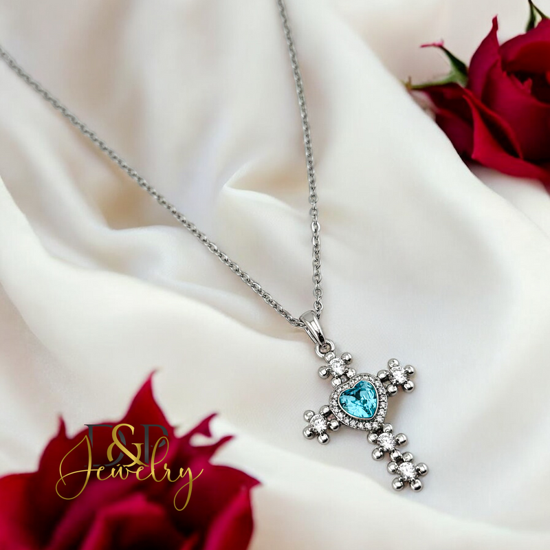 14K WOMAN SILVER BLUE CROSS FASHION NECKLACE N254