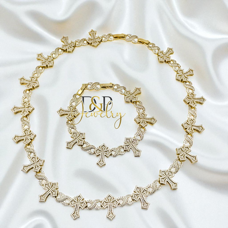 14K GOLD /BLING CROSS LINK NECKLACE SET N294
