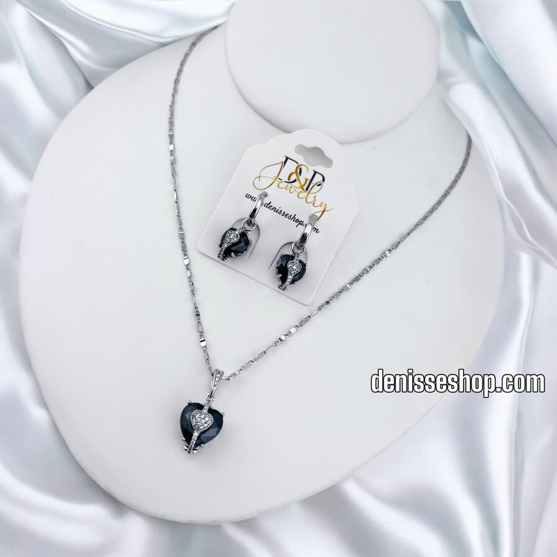 FASHION SILVER BLACK HEART NECKLACE SET N228