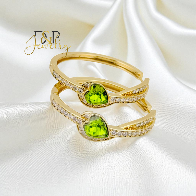 14K GOLD/LONG SIZE GREEN STONE DESIGN HOOP EARRING HP806