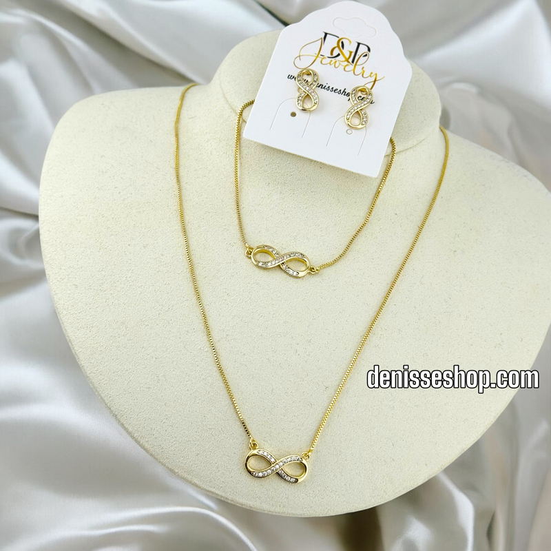 14K GOLD / WHITE SPARKLE INFINITY NECKLACE / EARRING SET N55