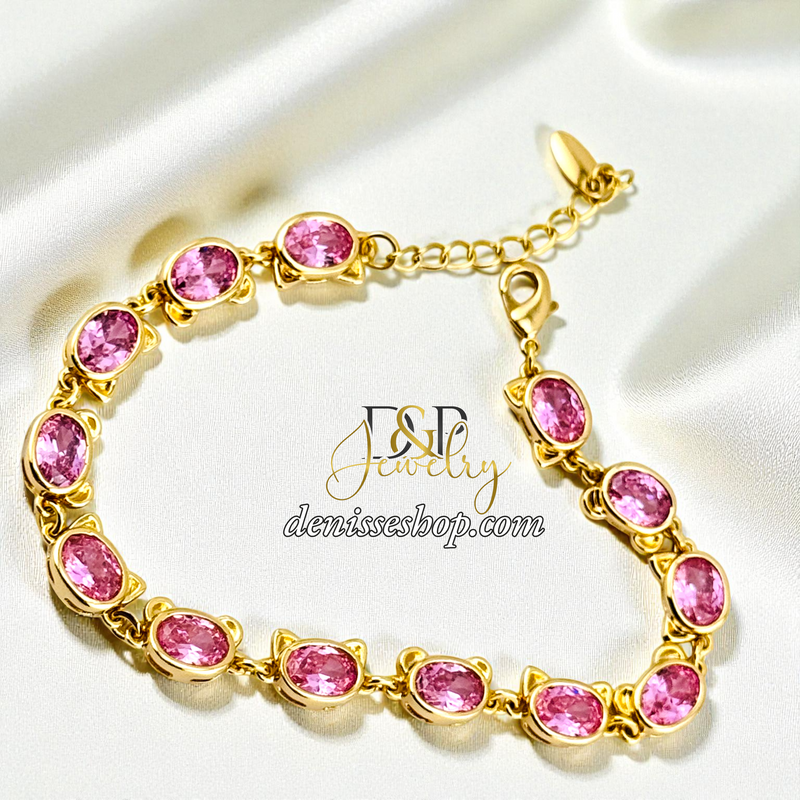 14KGOLD/PINK STONE CAT SHAPE BRACELET BR869