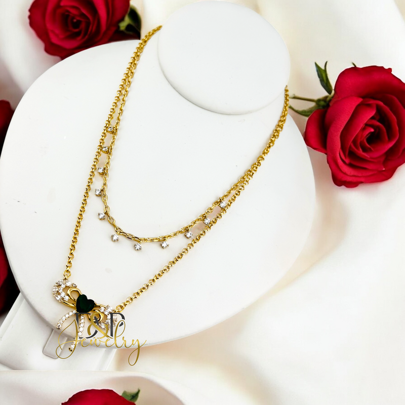 14K DOUBLE LAYER GREEN BOW NECKLACE N268