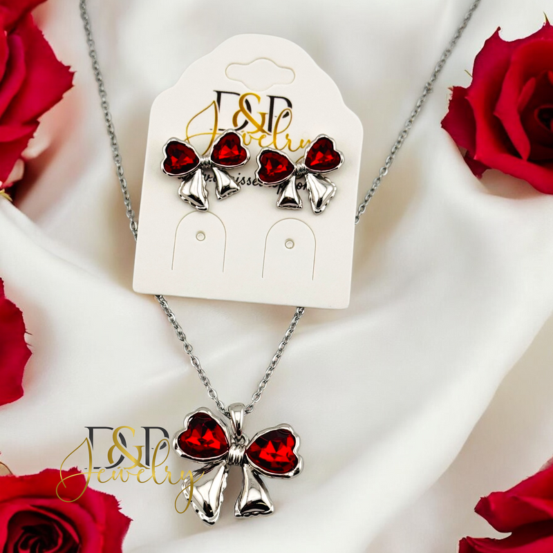 14K WOMAN SILVER RED BOW FASHION NECKLACE N253