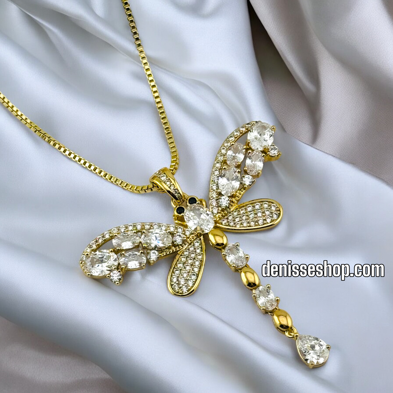 14K GOLD /  WHITE STONE DRAGONFLY NECKLACE  SET N48