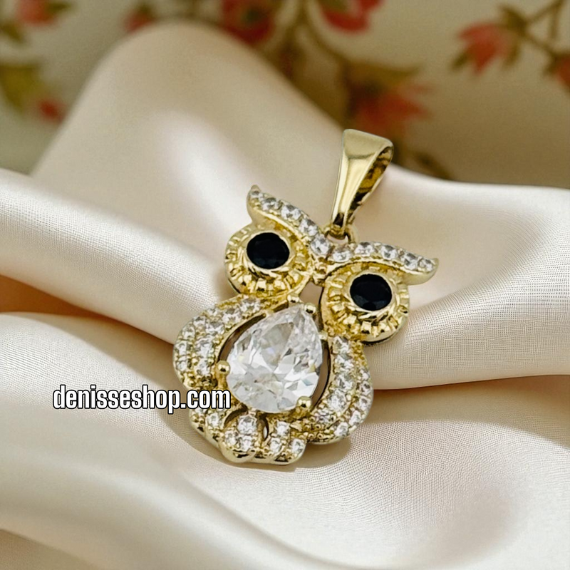 14K GOLD/BLACK EYE OWL PENDANT P934