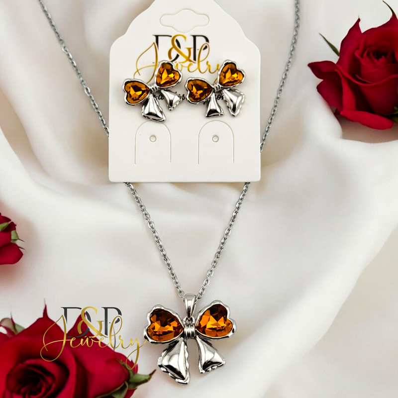 14K WOMAN SILVER AMBER BOW FASHION NECKLACE SET N255