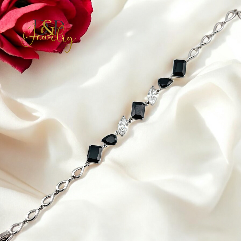 SILVER BLACK/WHITE DESIGN STONE BRACELET BR737