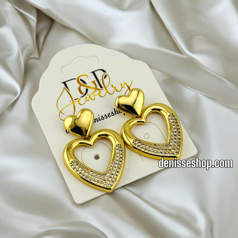 14K GOLD AND WHITE STONE HEART SHAPE EARRING E659