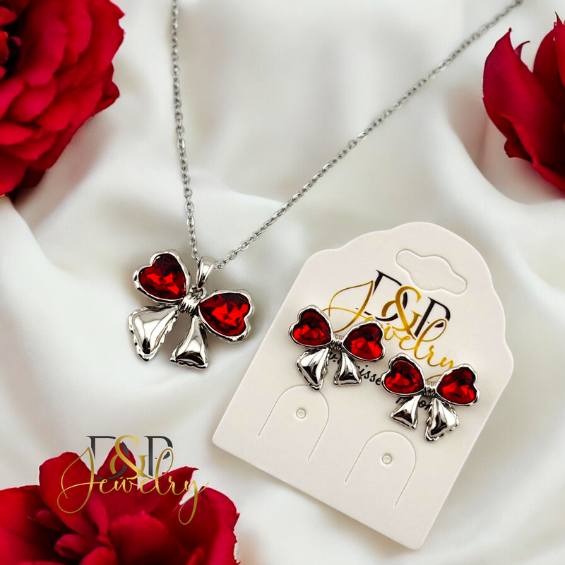 14K WOMAN SILVER RED BOW FASHION NECKLACE N253