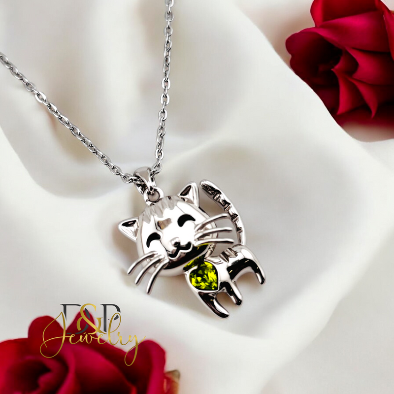 14K WOMAN SILVER GREEN CAT FASHION NECKLACE N250