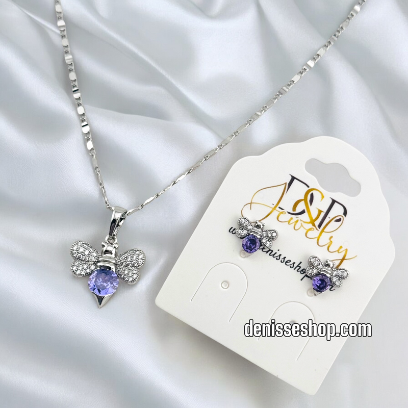 WOMEN/GIRL FASHION SILVER PURPLE BEE NECKLACE SET N229