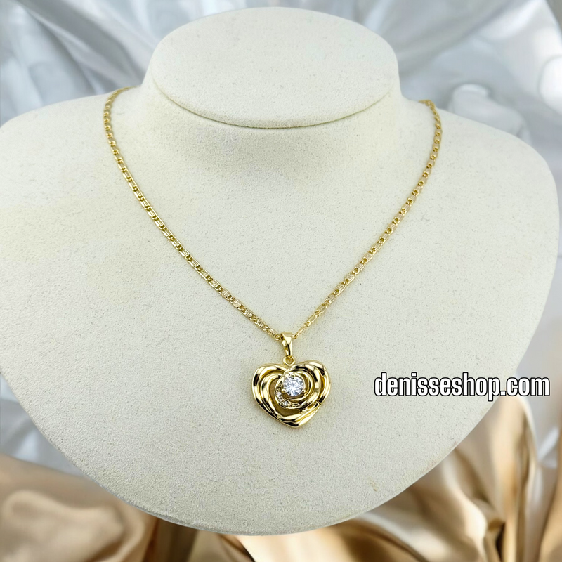 14K GOLD / WHITE STONE ROSE HEART PENDANT P494