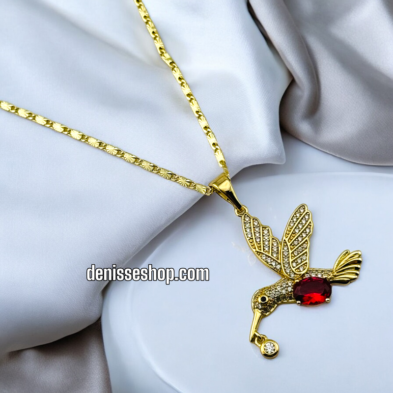 14K GOLD / WHITE/ RED STONE BIRD PENDANT P490