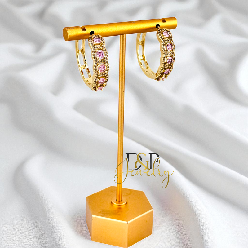 14K GOLD /LONG COLOR STONES 3 VARIANT HOOP EARRING HP824