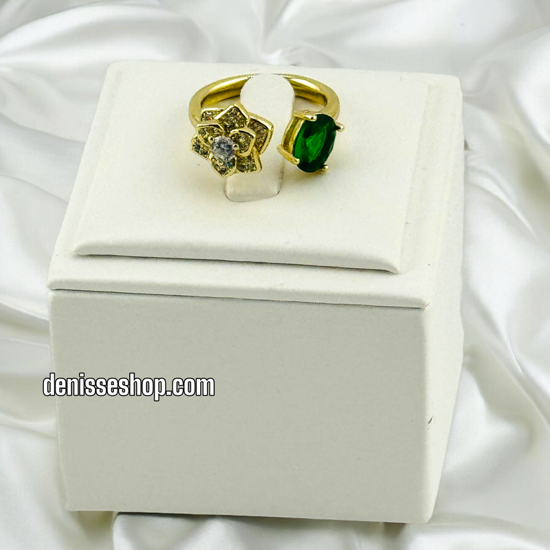 14K ADJUSTABLE FLOWER GREEN STONE RING RG214