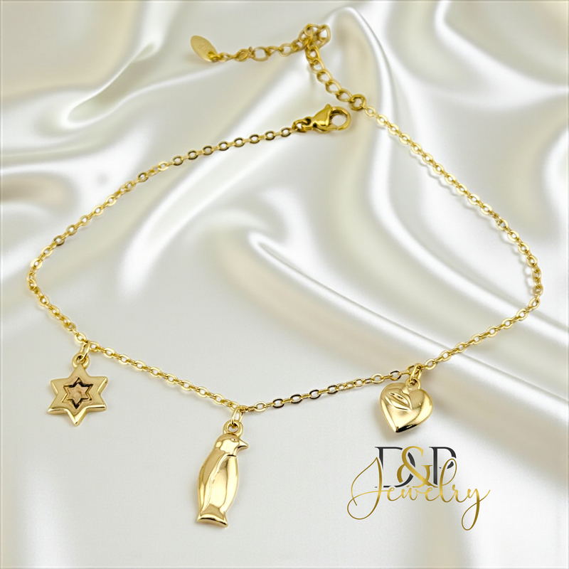 14K STAR/BIRD CHARMS ANKLET BRACELET A39