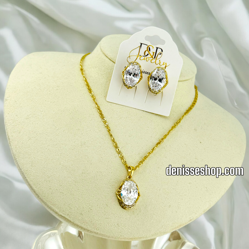 14K GOLD /  WHITE STONE NECKLACE AND EARRING SET N44