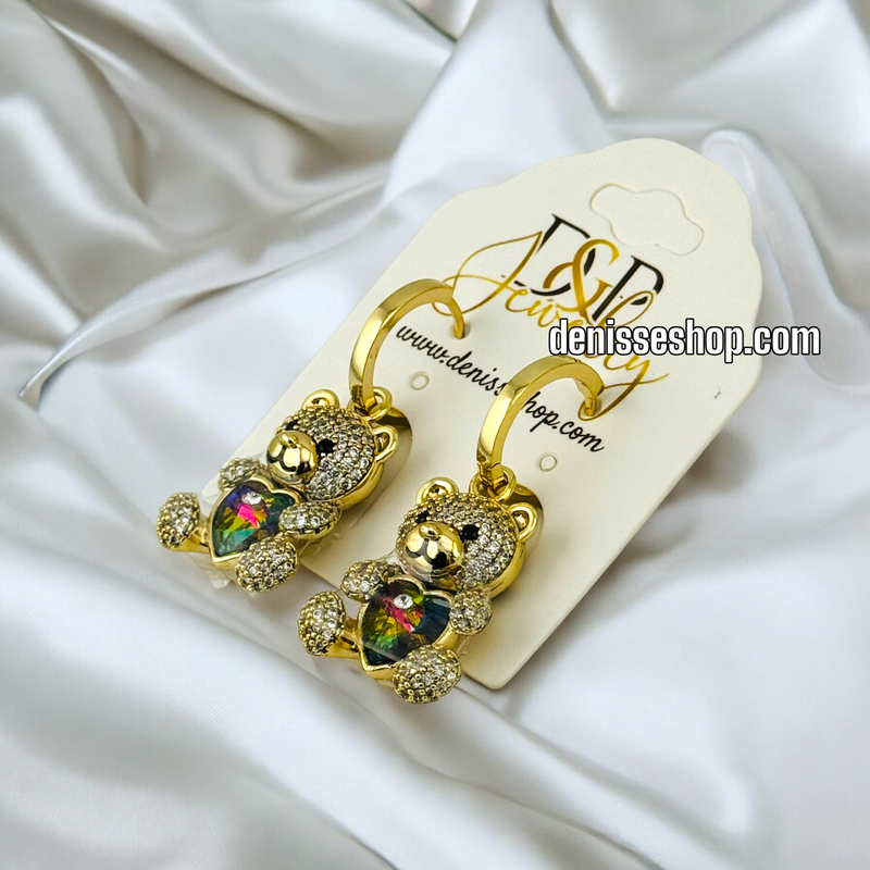 14K GOLD / MULTICOLOR STONE BEAR  EARRING E683