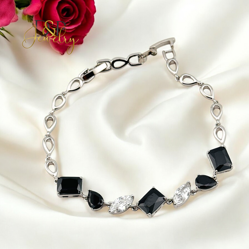 SILVER BLACK/WHITE DESIGN STONE BRACELET BR737